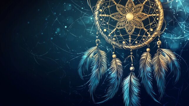 67.Ethnic dreamcatcher with a circular frame, hand-drawn threads, and decorative beads, flowing with soft feathers in an elegant boho style; the intricate vector silhouette brings a sense of