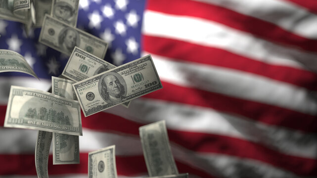 Falling Hundred Dollar Bills Against a Blurred American Flag, Representing Economic Volatility and Potential Financial Instability in the United States.