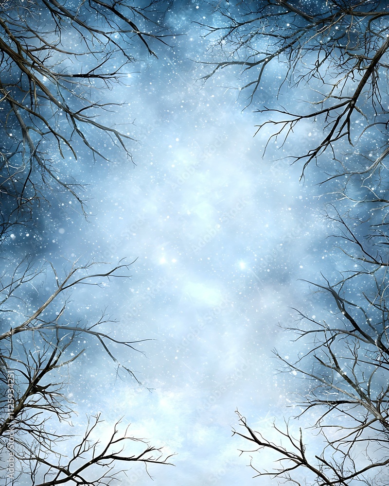 Aufkleber a serene winter sky framed by bare tree branches, creating a tranquil and atmospheric scene with a s