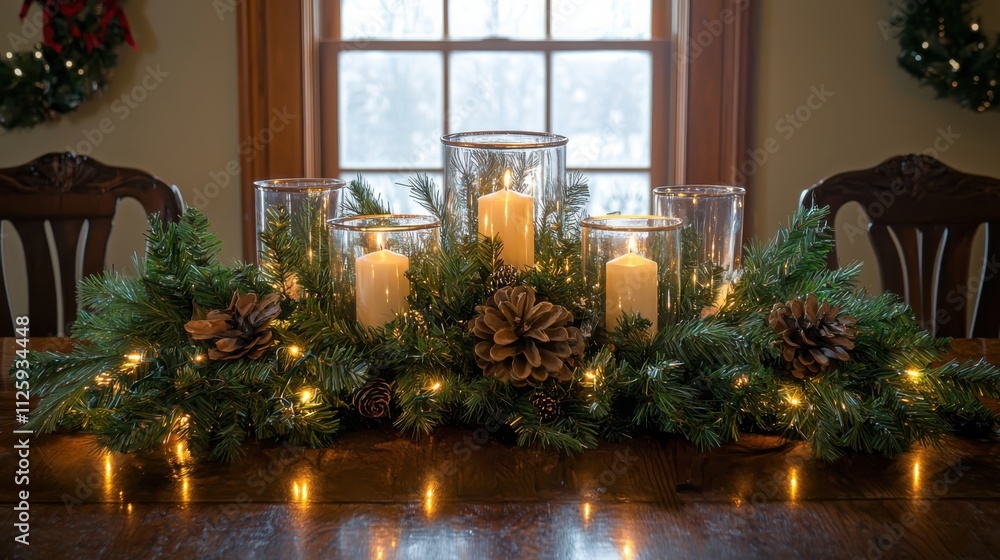 Poster Creating an elegant christmas centerpiece on a dining table with candles and greenery enhanced by shimmering lights in a soft focus environment