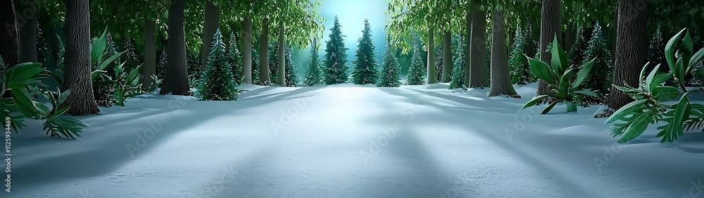 Aufkleber snow-covered path surrounded by tall evergreen trees, illuminated by soft light, creating a serene w
