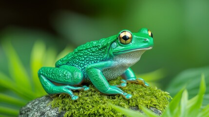 Vibrant Green Frog on Mossy Rock  Tropical Rainforest  Amphibian  Nature