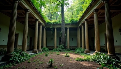 Lush Greenery Surrounded by Classic Architecture in Abandoned Courtyard