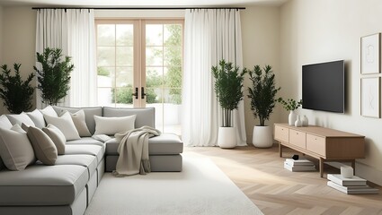 Bright living room with gray sofa, TV, and plants.