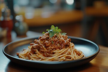 Close-up of delicious spaghetti bolognese on a black plate.