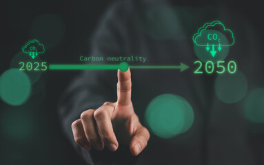 Carbon neutrality concept. Hand touching increasing arrow with carbon reduction to decrease CO2 or...