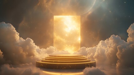 6.Elegant podium surrounded by celestial clouds with radiant golden light illuminating the scene; the podium has a luxurious, ethereal feel with glowing highlights that contrast beautifully with the