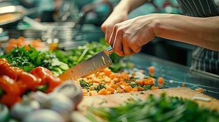 Chef's Hands Dicing Carrots and Other Vegetables on Cutting Board