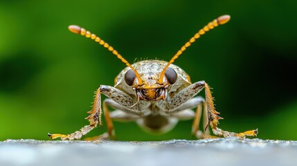 Fototapeta premium Close-up of a beetle with orange antennae on a gray surface.
