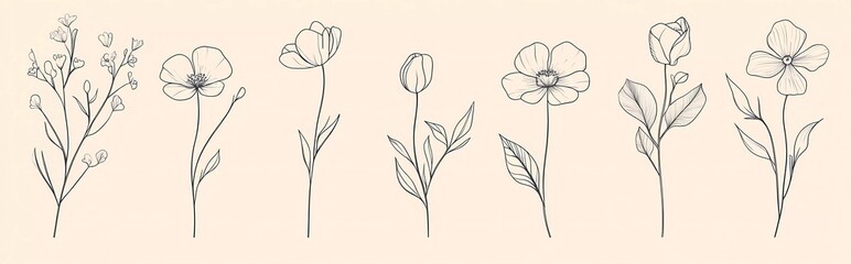 A set of simple line drawings of wildflowers, each with one or two flowers and branches. The drawing style is minimalist, using thin lines