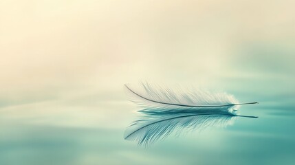 37.Feather resting gently on a glassy water surface with a water droplet at its tip, surrounded by soft pastel tones of green and blue; the composition is minimalistic and serene, with the featherâ€™s