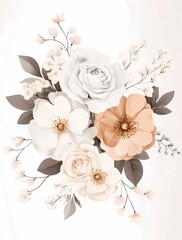 A vector illustration of an elegant floral bouquet featuring peonies, roses, and cherry blossoms in soft pastel colors on a white background.