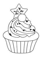 Adorable cupcake illustration with whipped cream details, perfect for coloring books, scrapbooking, or digital art. Fun and engaging linework design