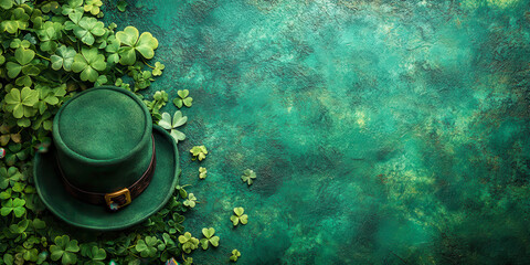 Leprechaun Hat with Shamrocks on a Textured Green Background