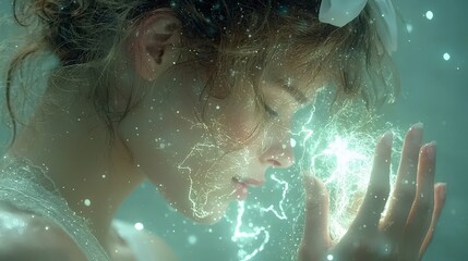 Fototapeta premium Serene Woman Gathering Glowing Energy Mystical Art Fantasy Portrait