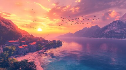 90.A scenic mountain village overlooking a tranquil beach, bathed in the warm colors of a sunset. The sky is filled with streaks of orange, pink, and purple, with birds flying in formation. The ocean
