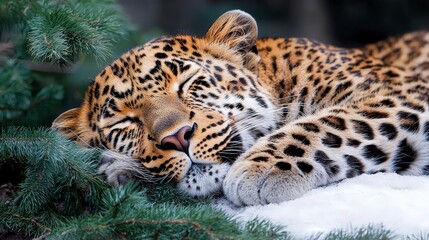 Naklejka premium Sleeping Leopard in Winter Snow Majestic Wildlife Photography