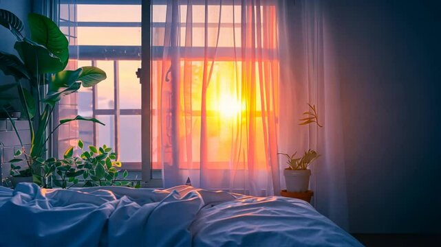 Cozy bedroom bathed in sunlight, with sheer curtains gently swaying, illuminating lush plants and rumpled bed, creating serene morning filled with warmth and tranquility.