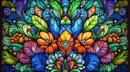 17.Colorful stained glass-style illustration of a peacockâ€™s tail with tropical flowers and feathers, arranged in a whimsical, abstract design; the composition blends apophysis and surrealism, with