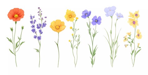 Vector flat hand-drawn illustrations of different wildflowers on a white background, vector illustration, simple design, cute style, clip art set, various flowers, simple design