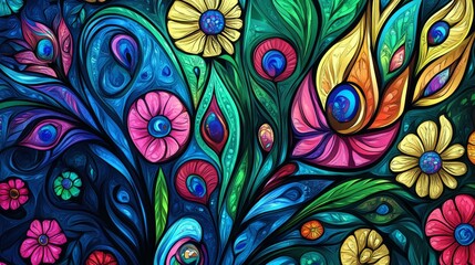 19.Peacock tail illustration in a stained glass, vector-style design with tropical flowers and coordinated colors; the intricate details blend paisley and abstract elements, giving a surreal and