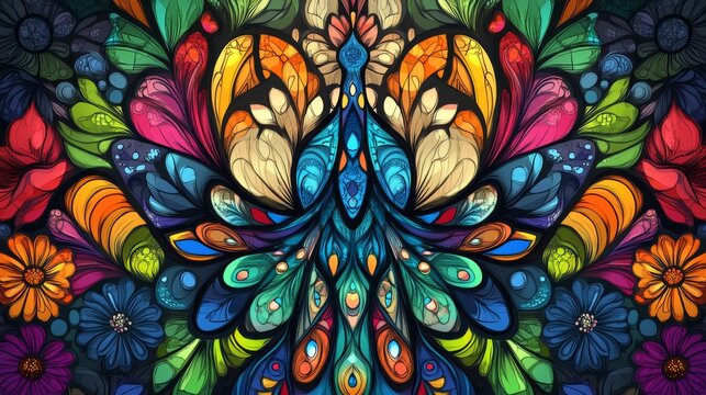 19.Peacock tail illustration in a stained glass, vector-style design with tropical flowers and coordinated colors; the intricate details blend paisley and abstract elements, giving a surreal and