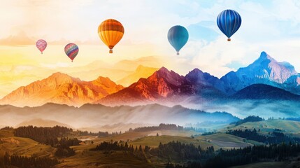 Whimsical hot air balloons soaring through a starry night sky in a colorful fantasy landscape