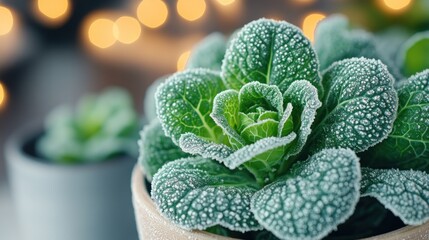 Frosty green plant in pot, bokeh lights.