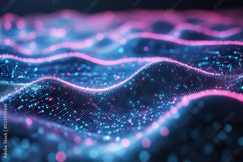 Poster abstract glowing blue and pink particle waves. ideal for tech, ai, or data visualization projects.