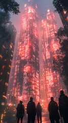 Obraz premium Standing in the city, a group of young people gazed at the towering skyscrapers made completely from data and code.