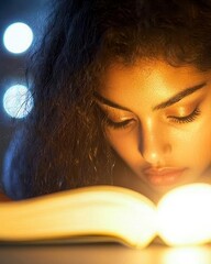 A young person deeply focused on reading a book, illuminated by warm light.