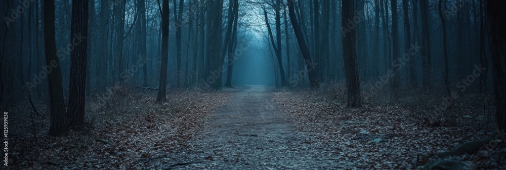 Poster A tranquil pathway leads deeper into a dense forest, surrounded by trees shrouded in mist, creating a mysterious and serene atmosphere. Generative AI