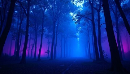 Enigmatic Forest with Mist and Soft Blue-Purple Lighting Effects