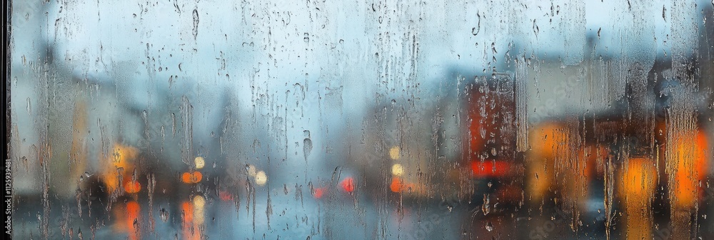 Leinwandbilder raindrops cling to glass, obscuring a quiet street view filled with soft lights as evening sets in, 
