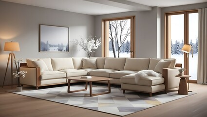 Fototapeta premium Modern living room with large sectional sofa, rug, and winter view.