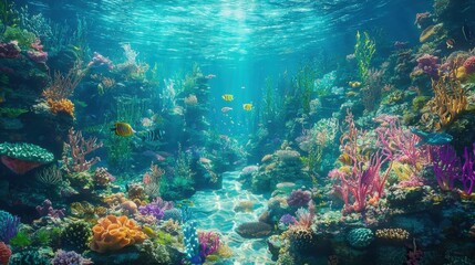 Fototapeta premium Diving exploration marine life coral reef underwater scene vibrant environment horizontal view teeming with life for seo impact