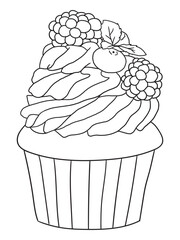 Adorable cupcake illustration with whipped cream details, perfect for coloring books, scrapbooking, or digital art. Fun and engaging linework design