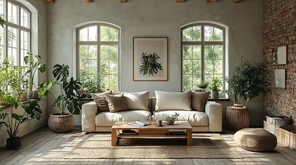 Bright living room with sofa, plants, and large windows.