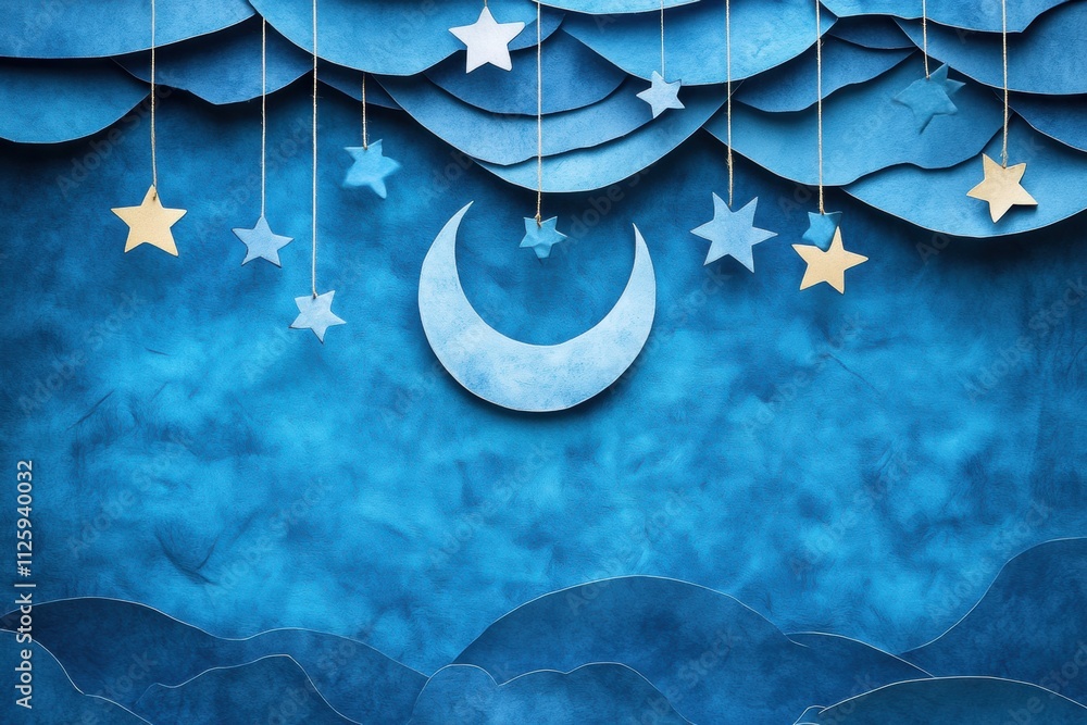 Aufkleber Decorative elements include a moon and stars suspended from strings, creating a whimsical atmosphere against textured blue layers. Generative AI