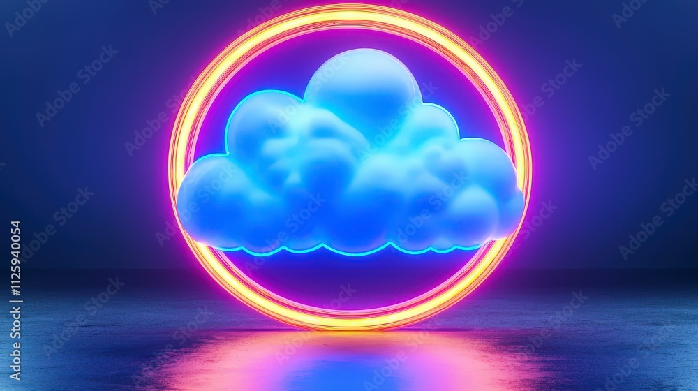 Poster glowing neon cloud ring abstract 3d render cloud computing technology futuristic desig