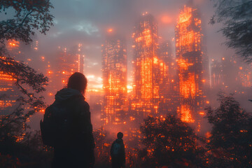 Fototapeta premium Standing in the city, a group of young people gazed at the towering skyscrapers made completely from data and code.