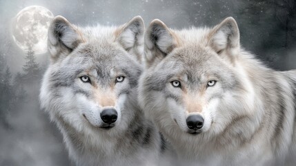 Obraz premium Majestic Wolves Night Forest Moon Stars Triple Exposure Wildlife Photography