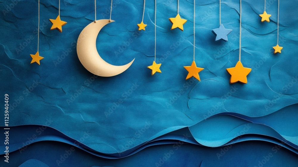 Poster dreamy holiday night features a paper-crafted moon and stars hanging from strings, set against layer