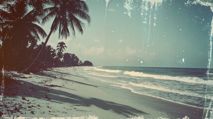 Relaxing beach scene tropical ocean vintage film distress photography sandy shoreline scenic view nostalgic atmosphere for seo impact