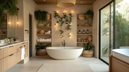 Fototapeta premium Modern Bathroom with Natural Elements and a Freestanding Tub