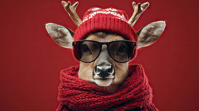 frohe weihnachten urlaub winter greeting card cool reindeer rudolf hirsch with antlers, christmas hat, sunglasses and red nose, isolated on red background.