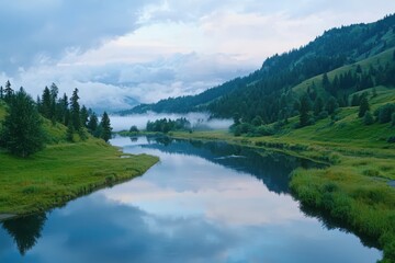 Fototapeta premium Tranquil river flowing through lush valley at dusk nature landscape photography serene water reflection of trees and clouds