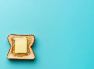 A slice of toast with a pat of butter on a vibrant blue background, showcasing a simple yet appetizing breakfast scene.