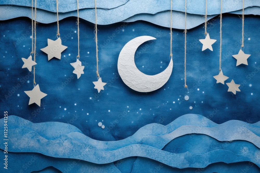 Poster crafted moon and stars hang from strings against layered blue textures, creating a dreamy atmosphere