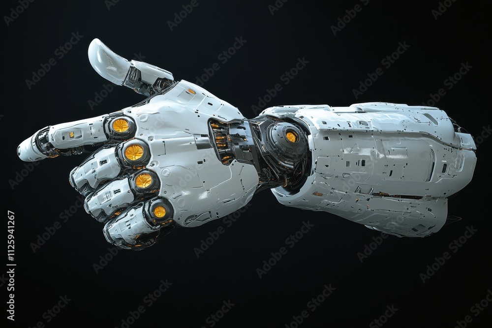 Poster White robotic arm points, futuristic design. Ideal for sci-fi, tech, and AI projects needing a directional element.